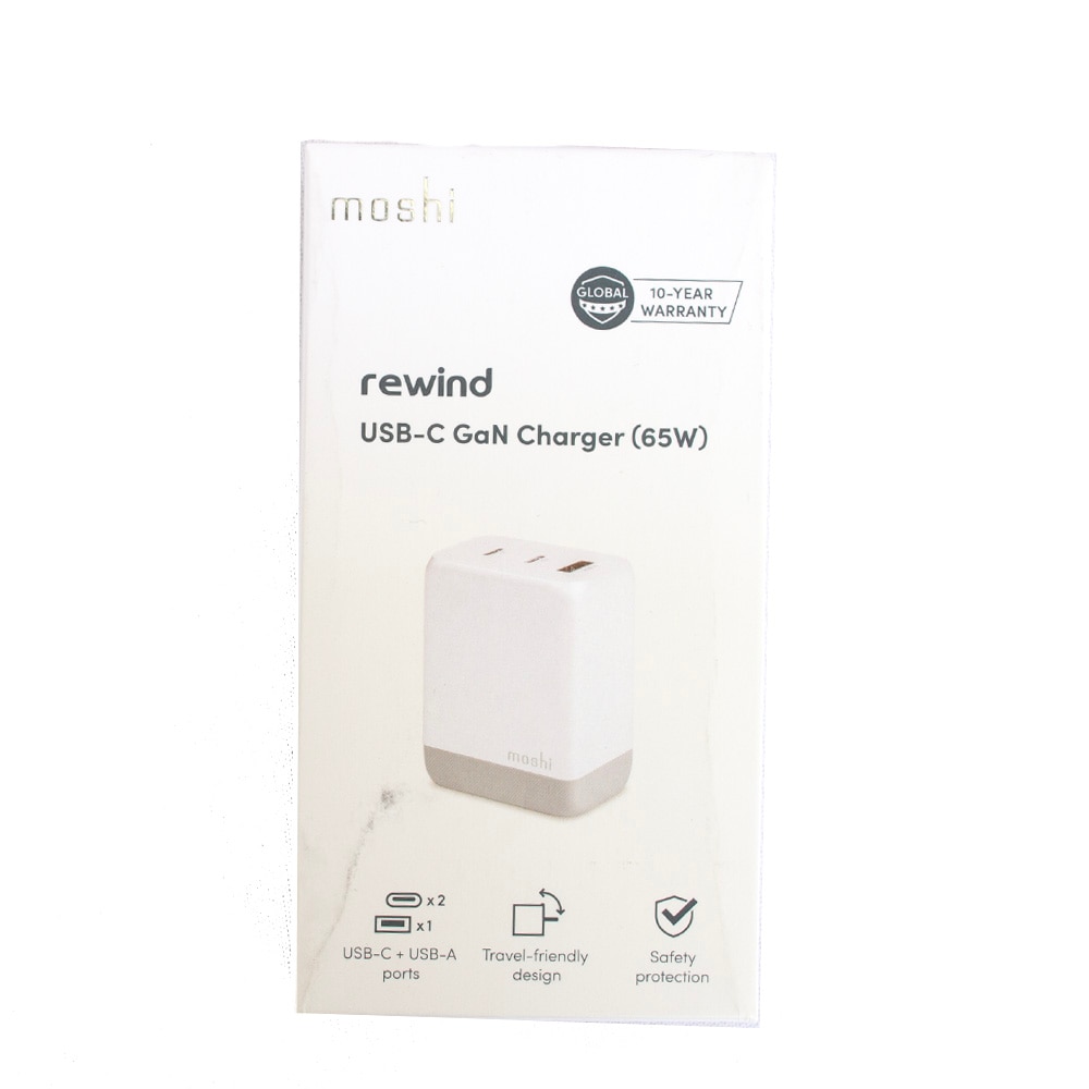 Moshi, White, Power Supply/Adapter, Tech, Rewind, USB-C, GaN, Charger, 65 watt, 904800